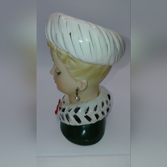 Vtg 1961 Inarco Blonde Girl Christmas Head Vase Earrings Hat Poinsettia VGVC - Picture 4 of 12